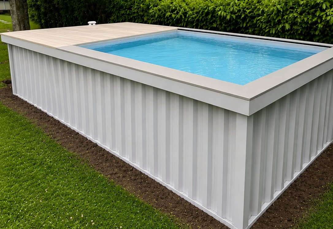 Aquabox 4.30 hors sol : bassin de moins de 10 m² avec grande plage détente au-dessus de la machinerie